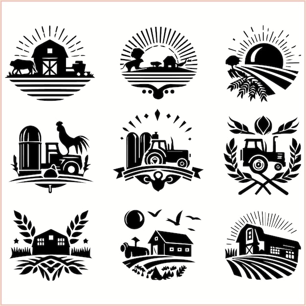 a collection of black and white images with a farm and farm