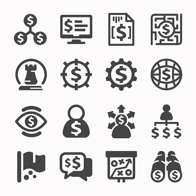 a collection of black and white imbusiness strategy icon set ages with the word financial on them