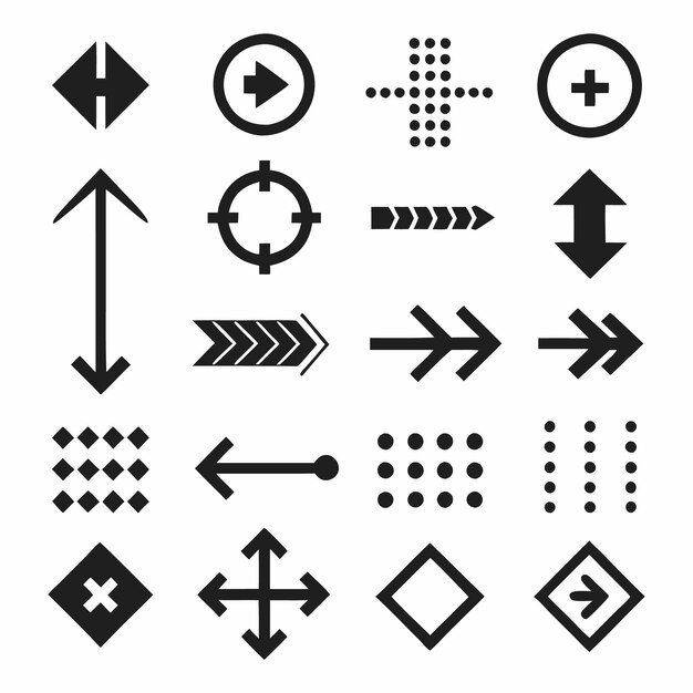 Vector a collection of black and white signs with arrows pointing to the right