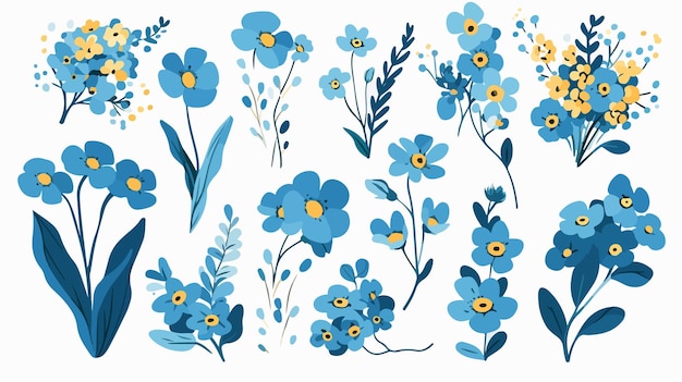 a collection of blue flowers and plants