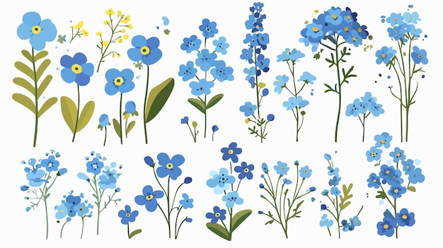 a collection of blue flowers with yellow and green leaves