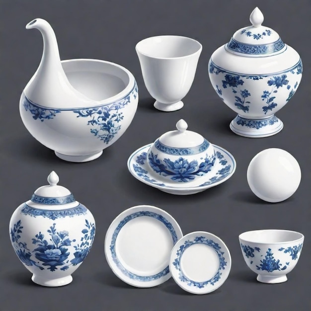 Vector a collection of blue and white porcelain dishes including a swan and a teapot