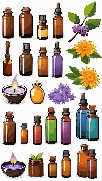 Vector a collection of bottles of aromatherapy oils cartoon drawing artwork illustration vector