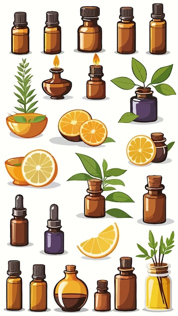 Vector a collection of bottles of aromatherapy oils cartoon drawing artwork illustration vector