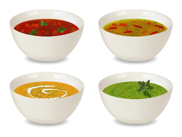 Collection of bowls with soup and cream soup. With greenery and decorations. Isolated objects on white background. Realistic style. Vector illustration.