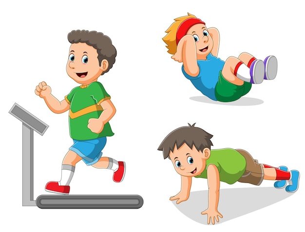 The collection of the boy doing the different sports of the illustration