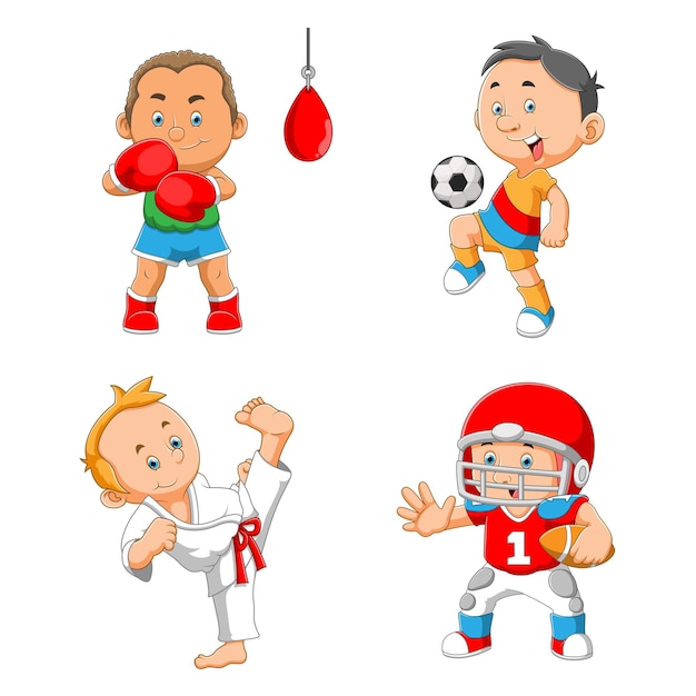 The collection of boy playing various sport of illustration