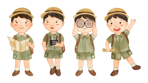 Collection of Boy scout with hiking suit Realistic watercolor paint with paper textured Cartoon character design Vector