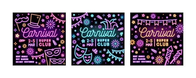 Collection of bright neon square advertising cards for carnival party with glowing text. Set of promotion templates for carnaval, masquerade or festival. Vector illustration.