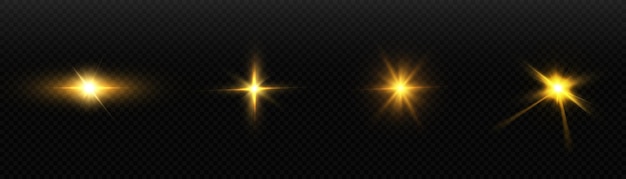 Collection of bright yellow light effects with rays and glare for vector illustration