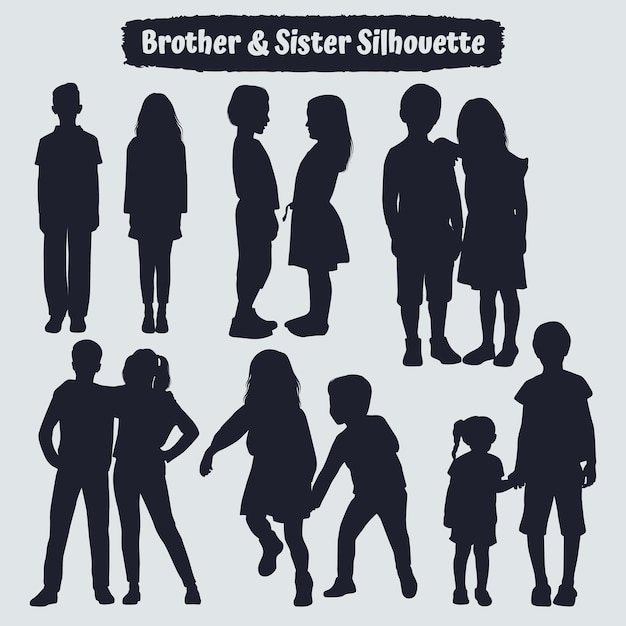 Collection of Brother and Sister Silhouettes in different poses set