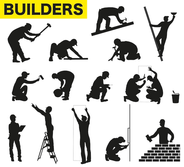 Collection of builders silhouettes Isolated silhouettes of builders with different tools Builders