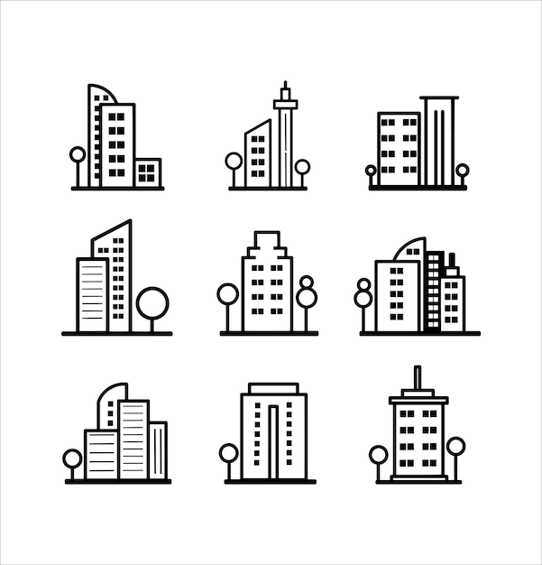 Collection of Building Skyscrapers Line Art illustrations