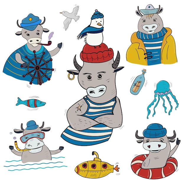 Collection of bulls in sea style