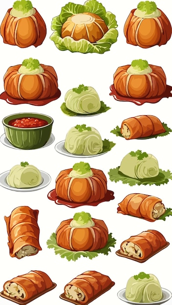 A collection of cabbage rolls dish cartoon drawing artwork illustration vector