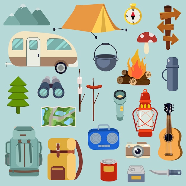 The collection of camping pack set for go to the forest picnic trip. 