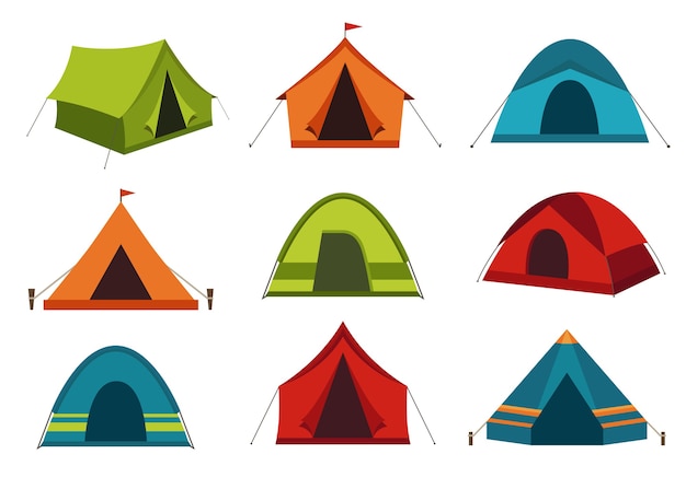 Collection of camping tents isolated on white background.