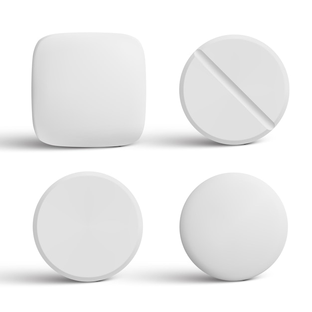 Collection of capsule shaped tablets isolated on white