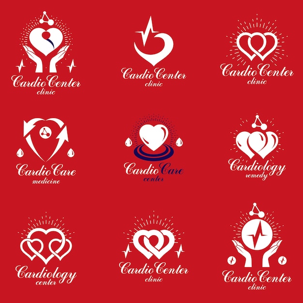 Collection of cardiology medical care vector emblems can be used in pharmaceutical business, red heart shapes isolated.