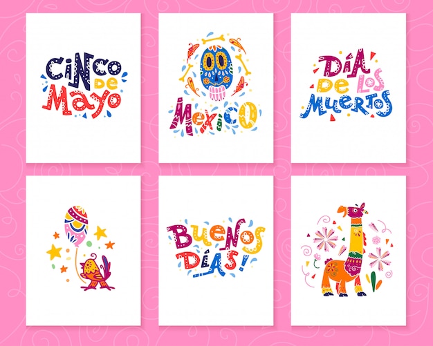  collection of cards with traditional decoration Mexico party, carnival, celebration, fiesta event in flat hand drawn style. Text congratulation, skull, floral elements, petals, animals, cacti.