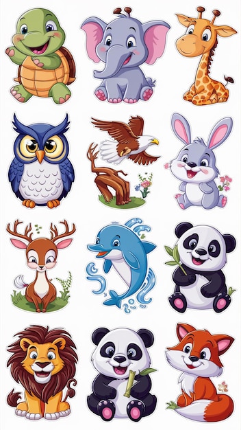 a collection of cartoon animals including owl and birds