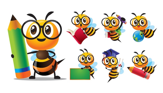 Collection of cartoon bee wearing spec back to school vector illustration