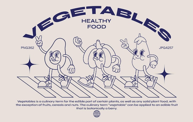 Collection of cartoon characters of vegetables in a linear style Set of comic products elements