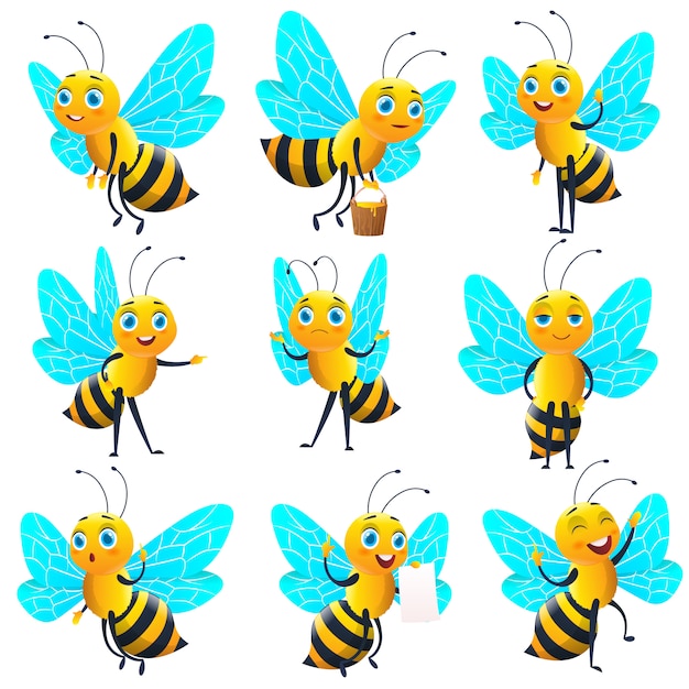 Collection of cartoon cute bee. Character set