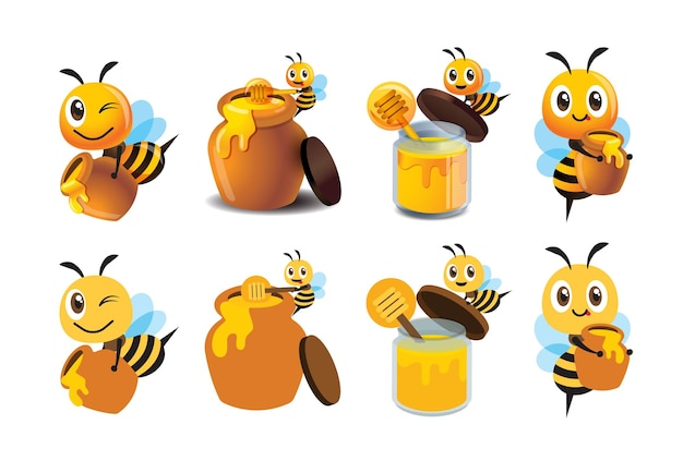 Collection of cartoon cute bee with honey pot and bottle 3D and flat art style