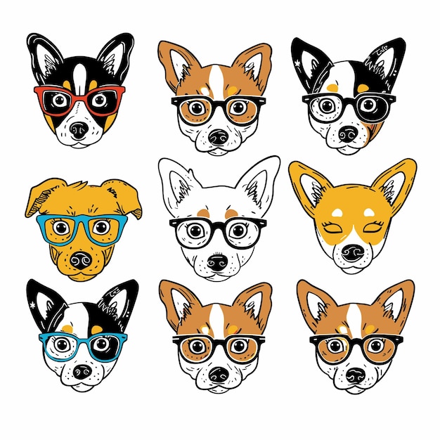 Collection cartoon dogs wearing glasses Various breeds colorful eyewear cute canine