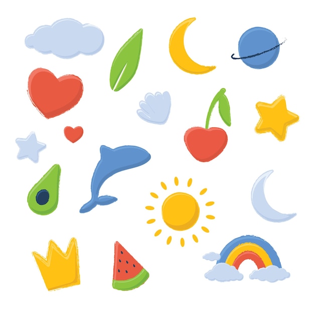 Collection cartoon element moon leaves cloude sun