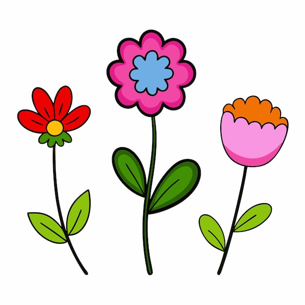 Vector collection of cartoon flower in doodle style on white background