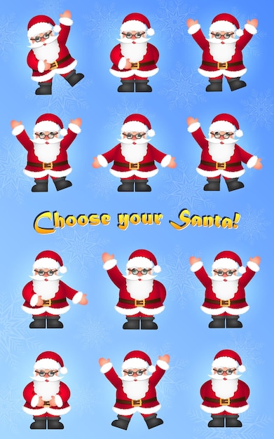 Collection of cartoon funny Santa Claus in different poses. Cheerful Santa in various positions