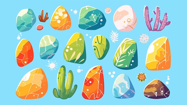 a collection of cartoon illustrations of colorful rocks