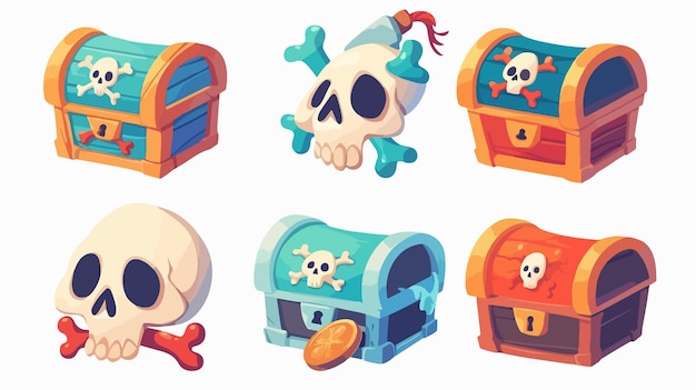 Vector a collection of cartoon illustrations including a pirate a box and a skull