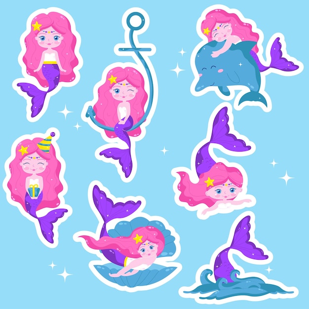 Collection of cartoon mermaid character stickers Vector