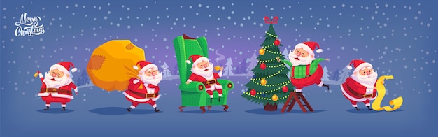 Collection of cartoon  Santa Claus icons. Christmas illustration