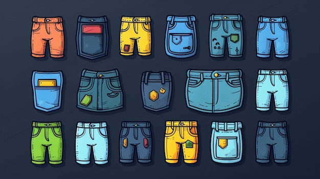 Vector a collection of cartoon style shorts with a blue one that sayss a