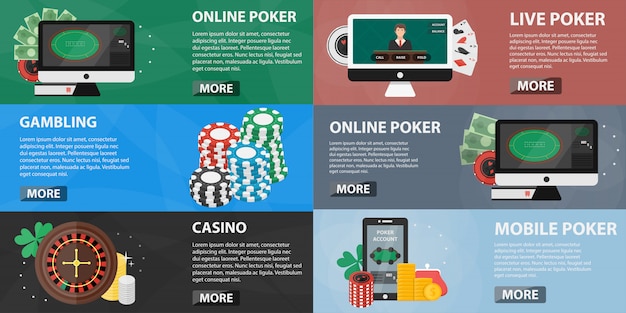 collection of casino banners for decoration and websites. Concept of poker online, slot machines and gambling. Set of casino equipment and elements in flat design.