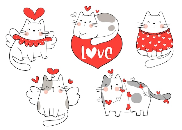 collection cat for Valentine's day. Doodle cartoon style.