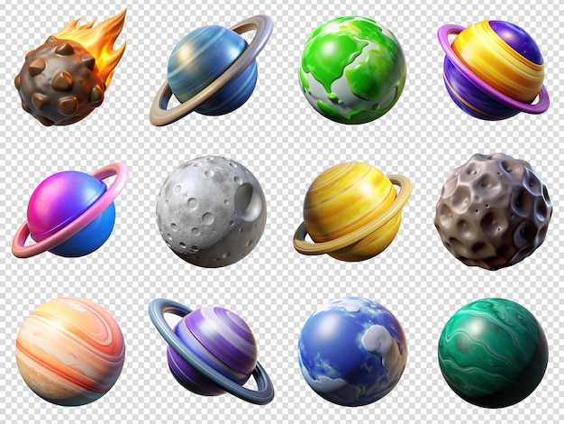 Vector collection of celestial bodies 3d icons including colorful planets