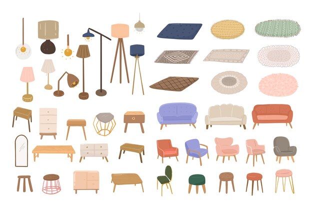 Vector collection chair table lamp rug hand drawn vector illustration