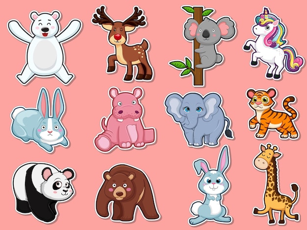 Collection character cute animals Stickers. Animal cartoon flat style. Vector illustration design template. Farm animals, wild animals, water animal