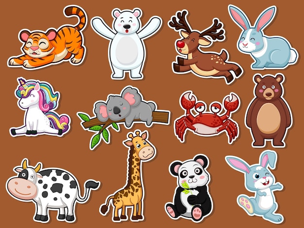 Collection character cute animals Stickers. Animal cartoon flat style. Vector illustration design template. Farm animals, wild animals, water animal