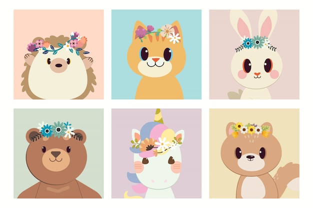 The collection of character of hedgehog cat rabbit bear unicorn and squirrel with the ring of flower.