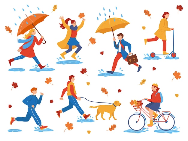 Collection of characters of flat people walking on an autumn day. Autumn outdoor. People in the park walk with a dog, ride a bicycle and scooter, jump through puddles, run.