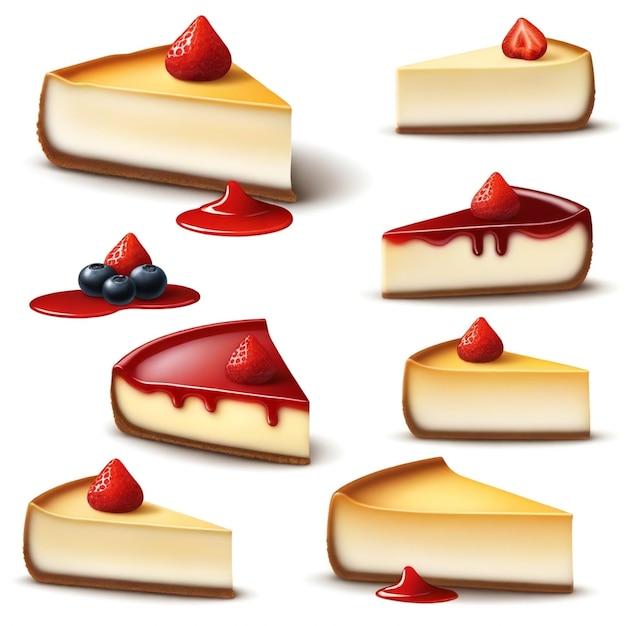 a collection of cheesecakes with different toppings and one of the cheesecake