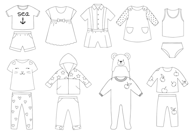 Collection of children's clothing Vector linear image on a white background