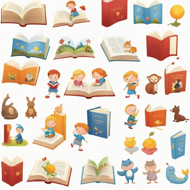 Vector a collection of childrens books including a cartoon character and a book called  the little boy