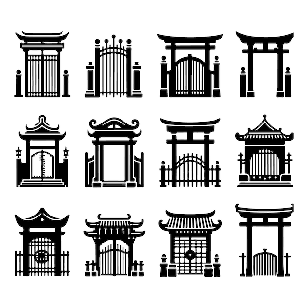 a collection of chinese symbols including a temple and a bridge